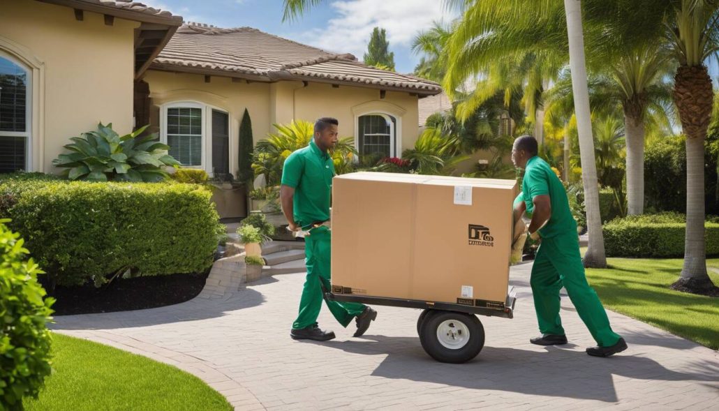 movers pushing a large box towards the house